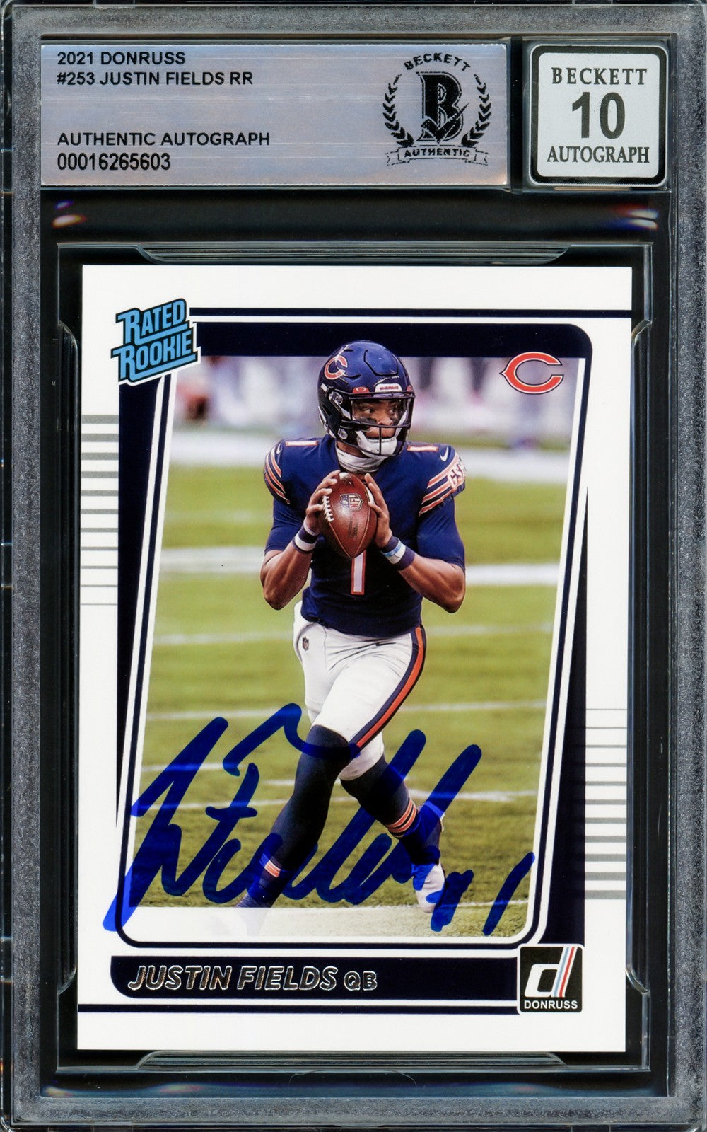 Justin Fields Signed 2021 Donruss Rated RC 253 Chicago Bears Auto GM 10 Beckett