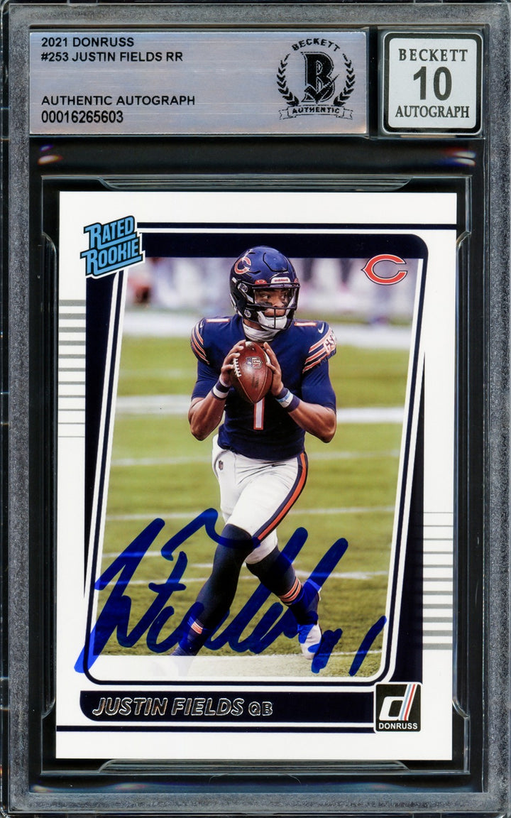 Justin Fields Signed 2021 Donruss Rated RC 253 Chicago Bears Auto GM 10 Beckett