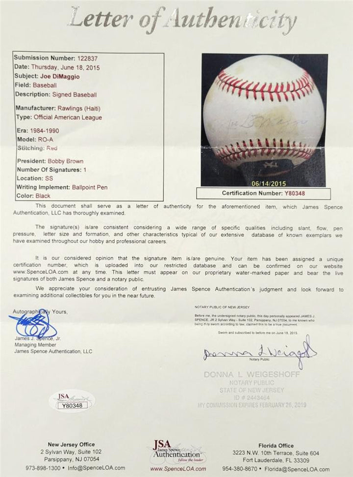 Joe Dimaggio signed Hand Painted OAL AL American League Baseball autograph ~ JSA