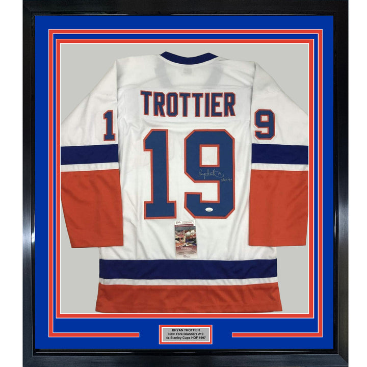 FRAMED Autographed/Signed BRYAN TROTTIER HOF 97 33x42 NY White Jersey JSA COA