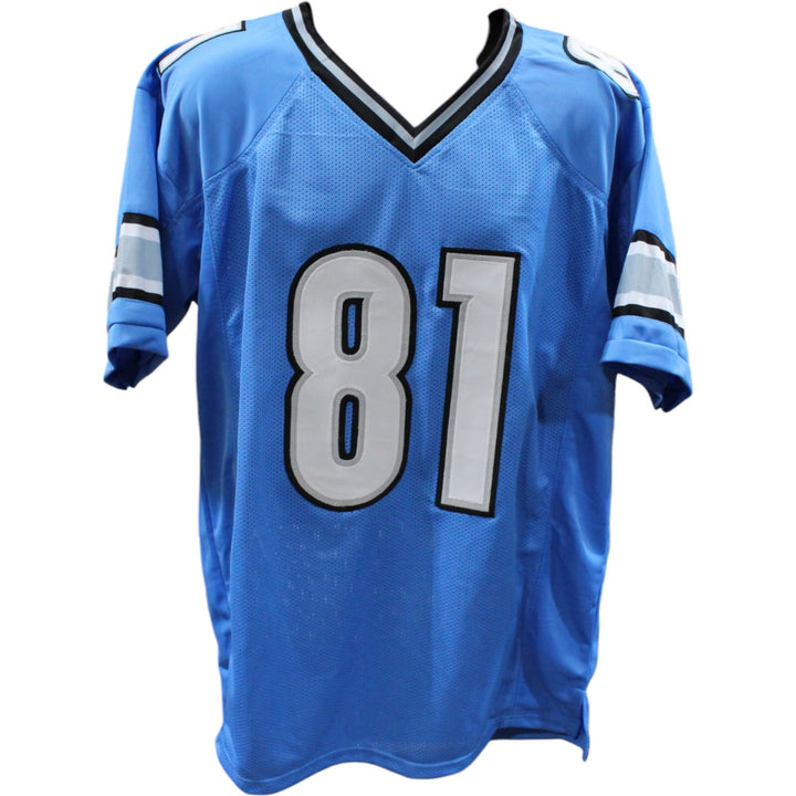 Calvin Johnson Autographed/Signed Pro Style XL Blue Jersey Beckett 44026