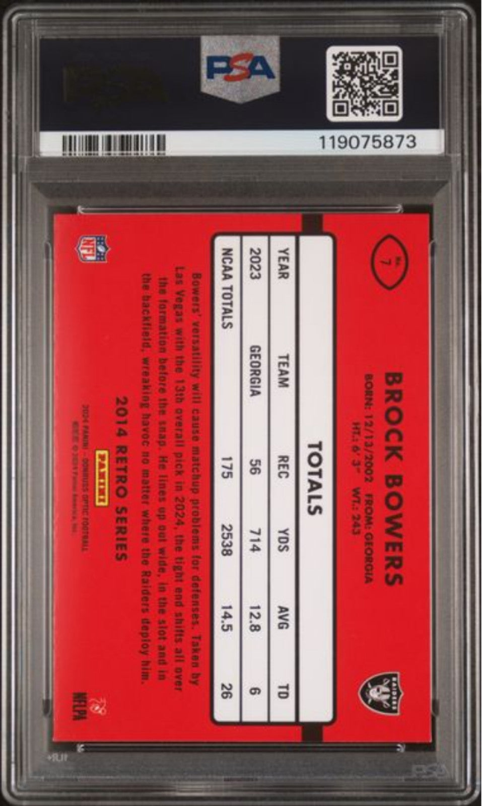 Graded 2024 Panini Donruss Optic Brock Bowers #7 2014 Retro Rookie Card PSA 10