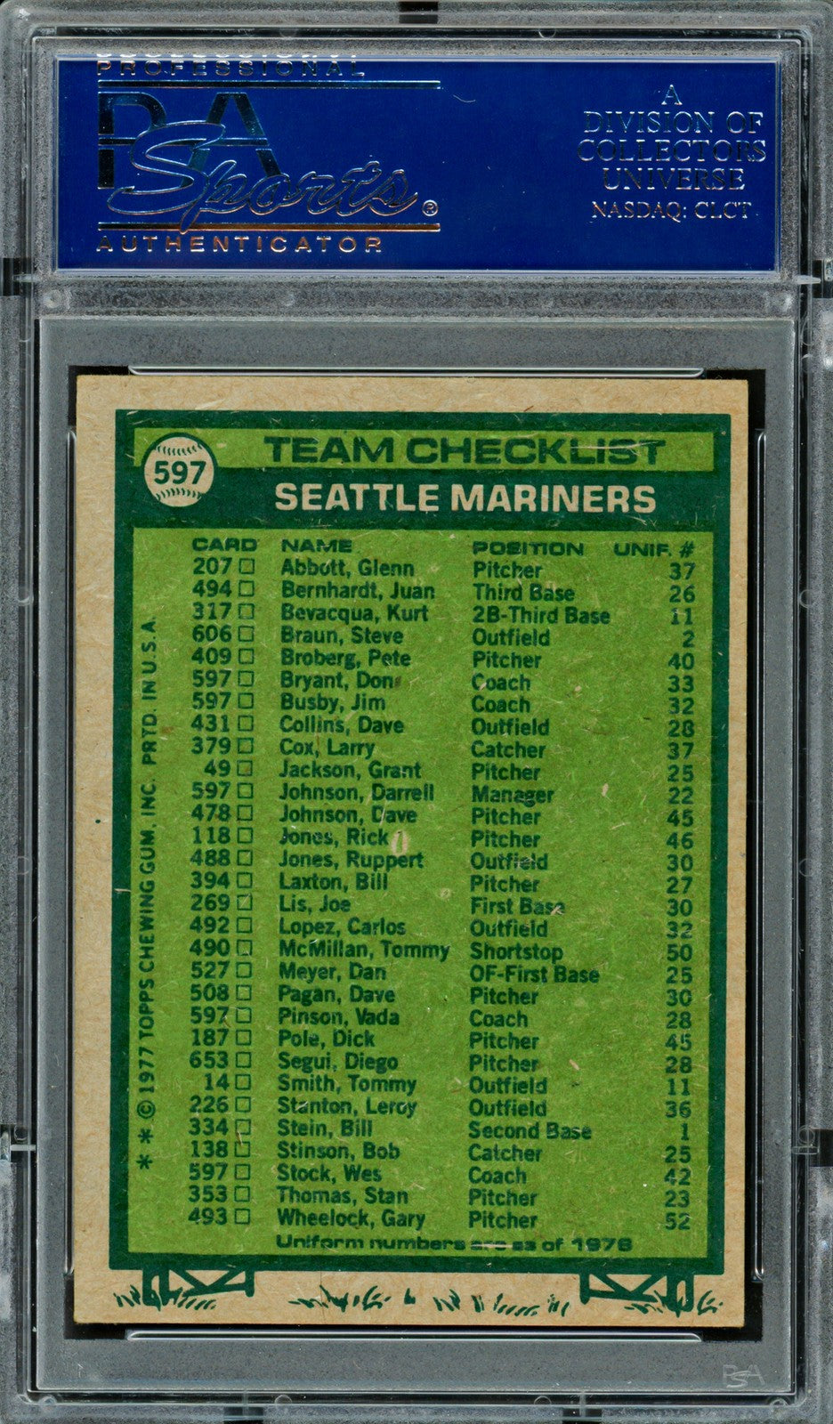 Mariner Coaches Auto 1977 Topps Card 597 Mariners Auto By All 5 PSA/DNA 83300201