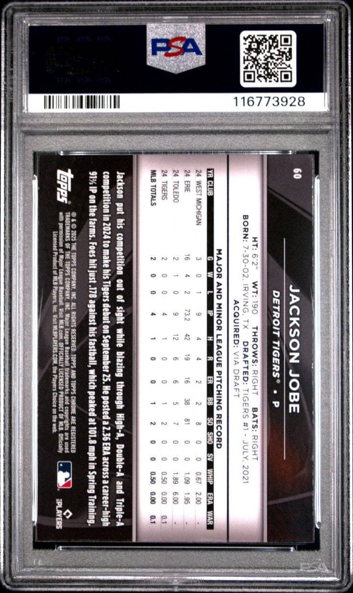 Graded 2025 Topps Chrome Black Jackson Jobe #60 Rookie RC Card PSA 10