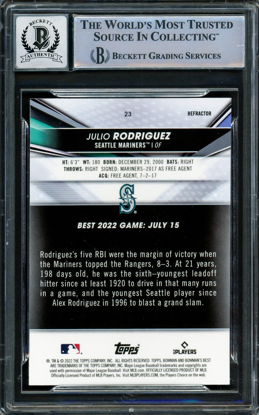 Julio Rodriguez Signed 2022 Bowman's Best Refractors RC #23 Mariners Auto 10