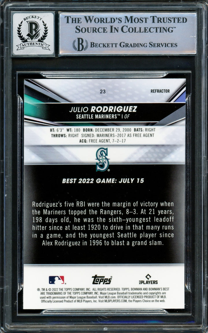 Julio Rodriguez Signed 2022 Bowman's Best Refractors RC #23 Mariners Auto 10