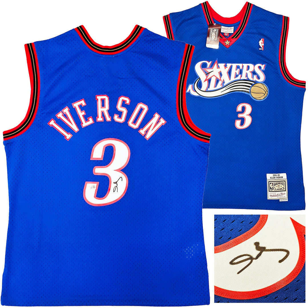 76ers Allen Iverson Auto Blue AUTH Mitchell Ness 99 HWC Swingman Jersey L BAS