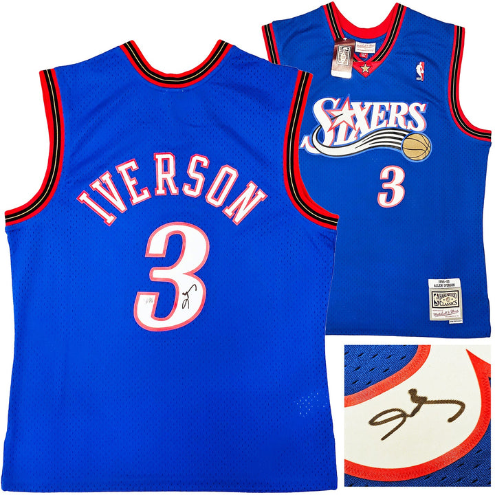 76ers Allen Iverson Auto Blue AUTH Mitchell Ness 99 HWC Swingman Jersey L BAS