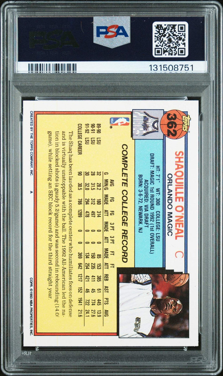 Graded 1992-93 Topps Shaquille O'Neal #362 Rookie RC Card PSA 10 Auto Grade Gem