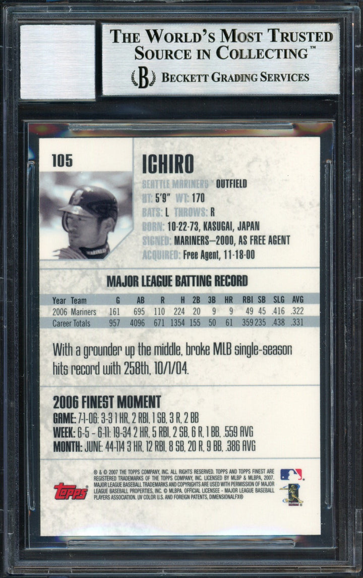 Ichiro Suzuki Auto 2007 Topps Finest Card 105 Mariners Auto 10 Beckett #12491480