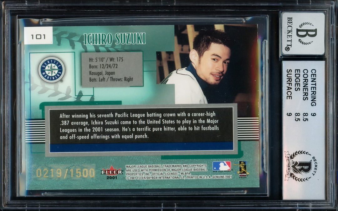 Ichiro Suzuki Signed 2001 Fleer Genuine RC 101 BGS 8.5 Sig 10 #219/1500 Beckett