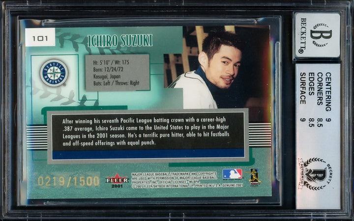 Ichiro Suzuki Signed 2001 Fleer Genuine RC 101 BGS 8.5 Sig 10 #219/1500 Beckett