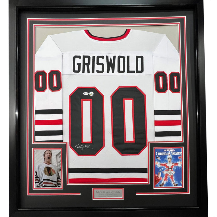 FRAMED Autographed/Signed CHEVY CHASE 33x42 Clark Griswold White Jersey COA