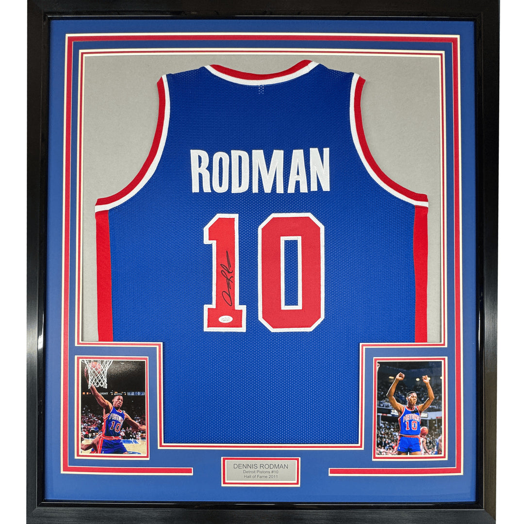 Framed Autographed/Signed Dennis Rodman 35x39 Detroit Blue Jersey PSA COA