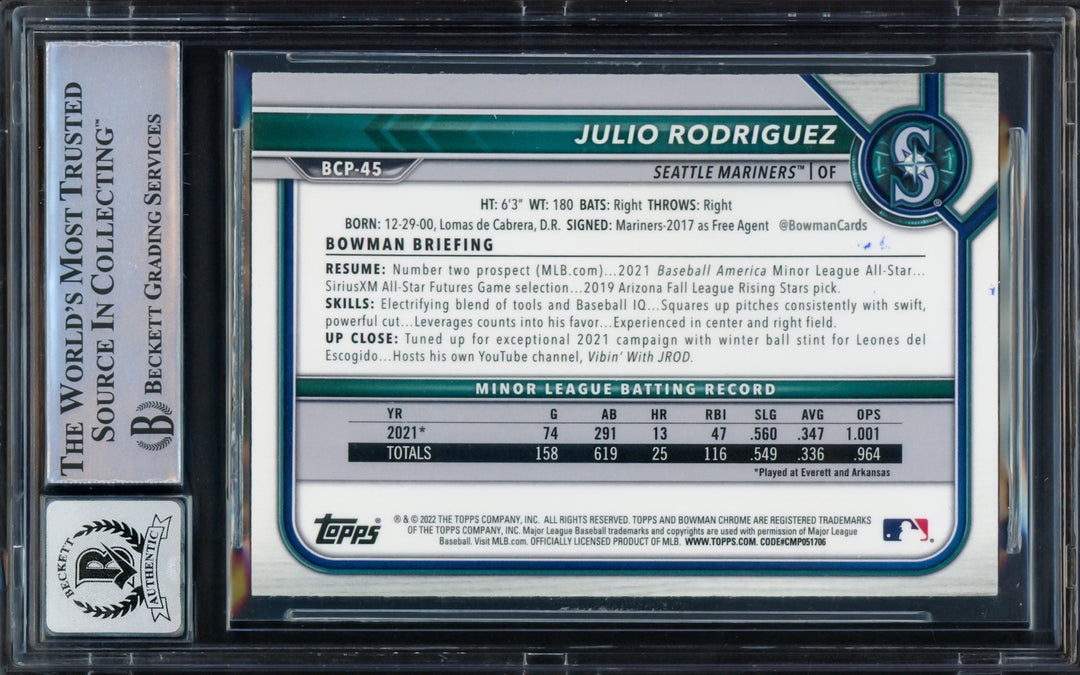 Julio Rodriguez Auto 2022 Bowman Chrome Prospects RC BCP45 Sig 10 Beckett