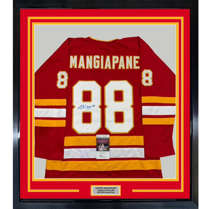 Framed Autographed/Signed Andrew Mangiapane 35x39 Calgary Red Jersey JSA COA
