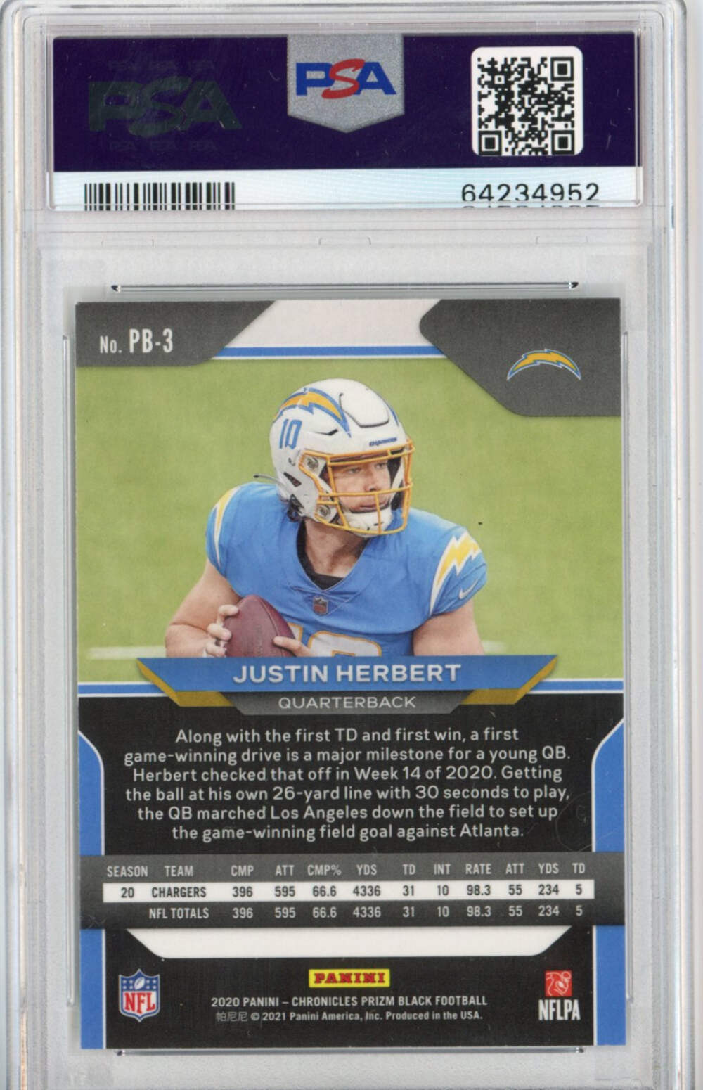 Graded 2020 Panini Chronicles Justin Herbert #PB3 Prizm Black Rookie Card PSA 10