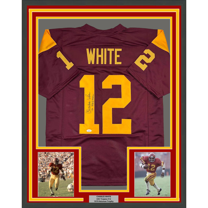 Framed Autographed/Signed Charles White 35x39 79 Heisman USC Jersey JSA COA
