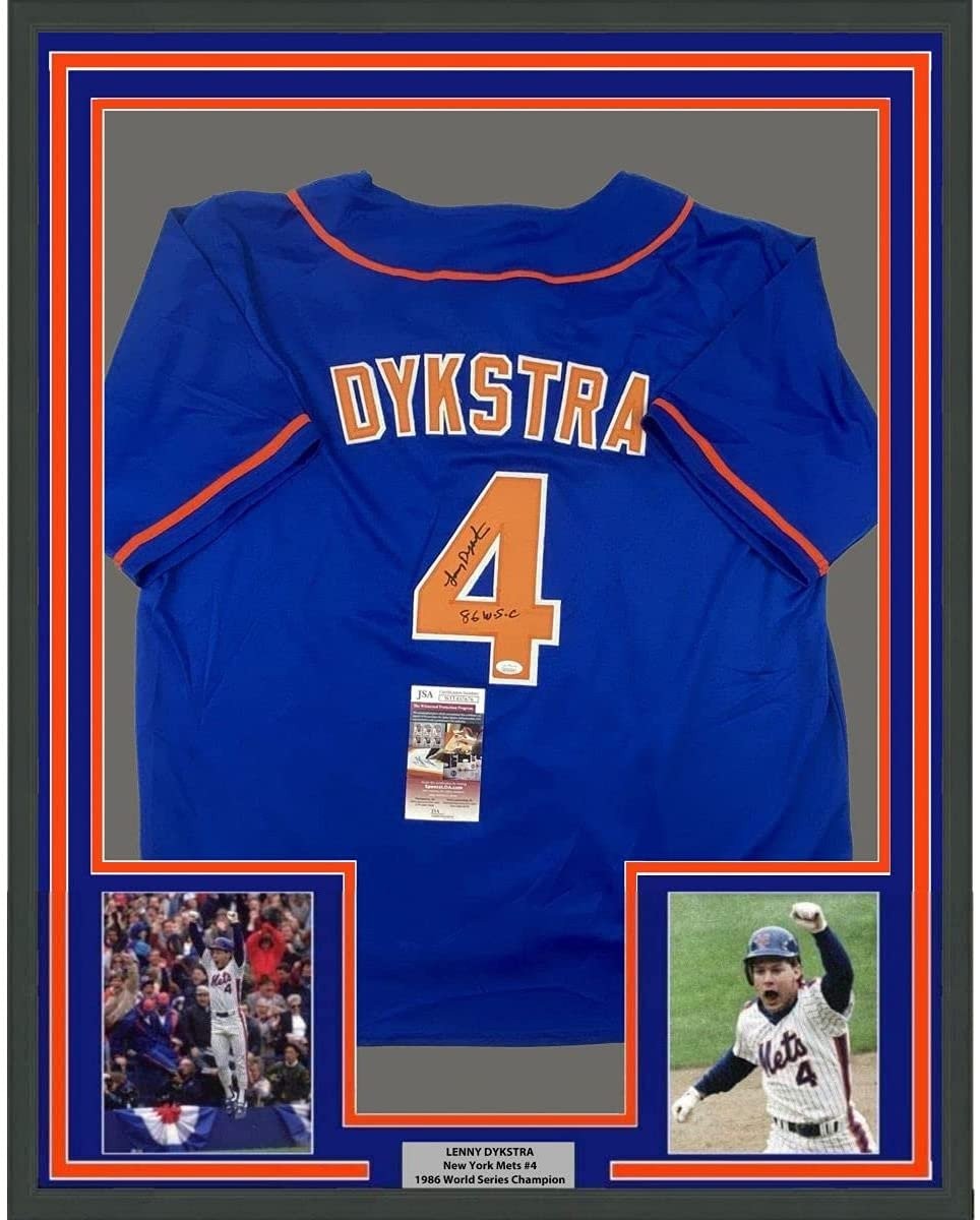 Framed Signed Lenny Dykstra 35x39 86 WS Champs New York Blue Jersey JSA COA