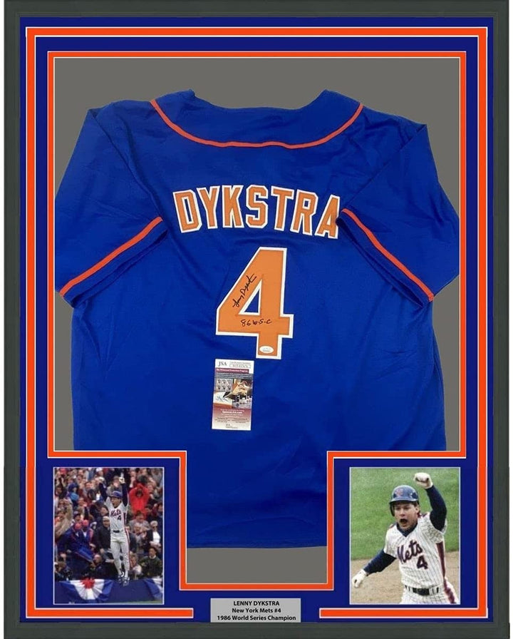 Framed Signed Lenny Dykstra 35x39 86 WS Champs New York Blue Jersey JSA COA