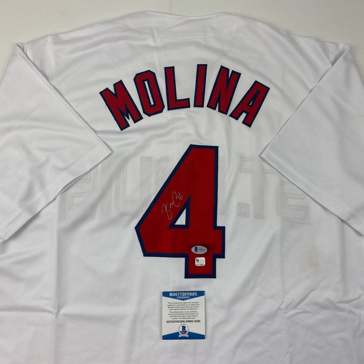 Autographed/Signed Yadier Molina St. Louis White Jersey Beckett BAS COA