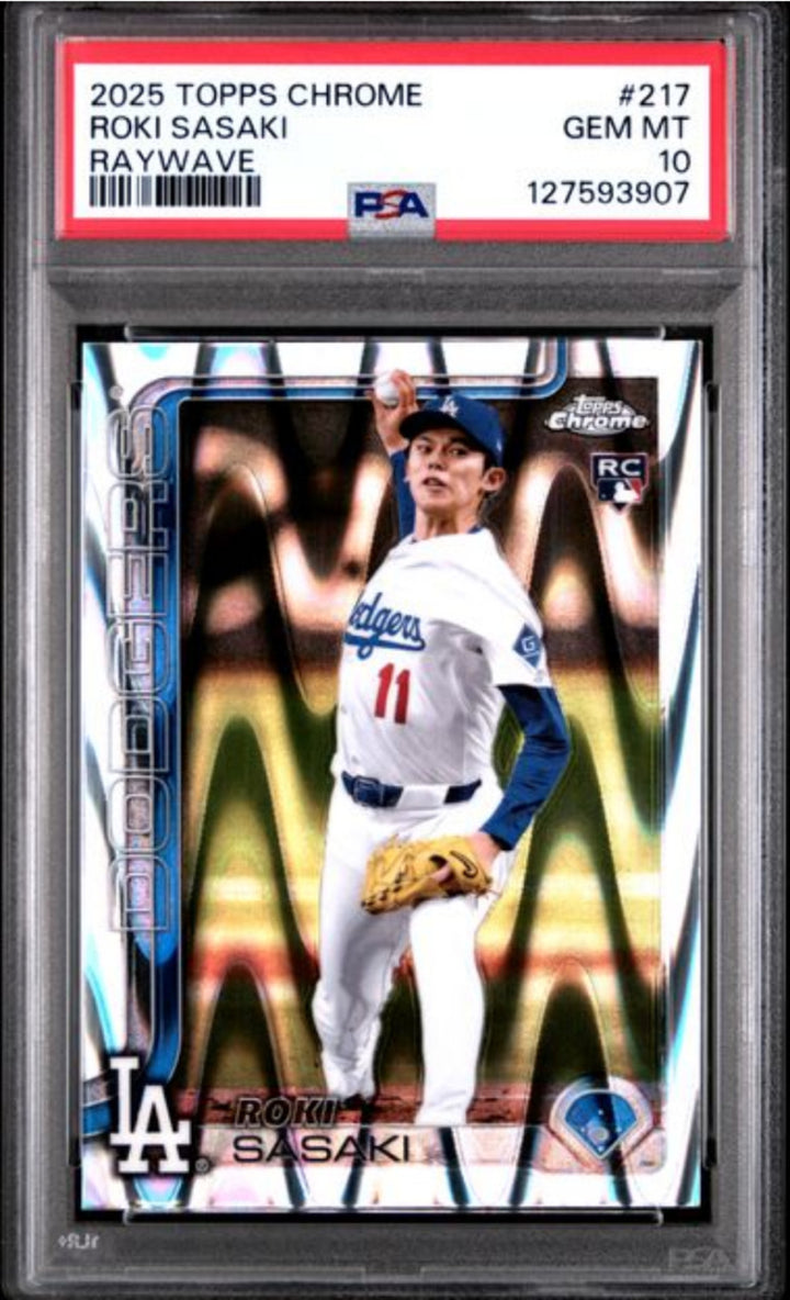 Graded 2025 Topps Chrome Roki Sasaki #217 Raywave Rookie RC Baseball Card PSA 10