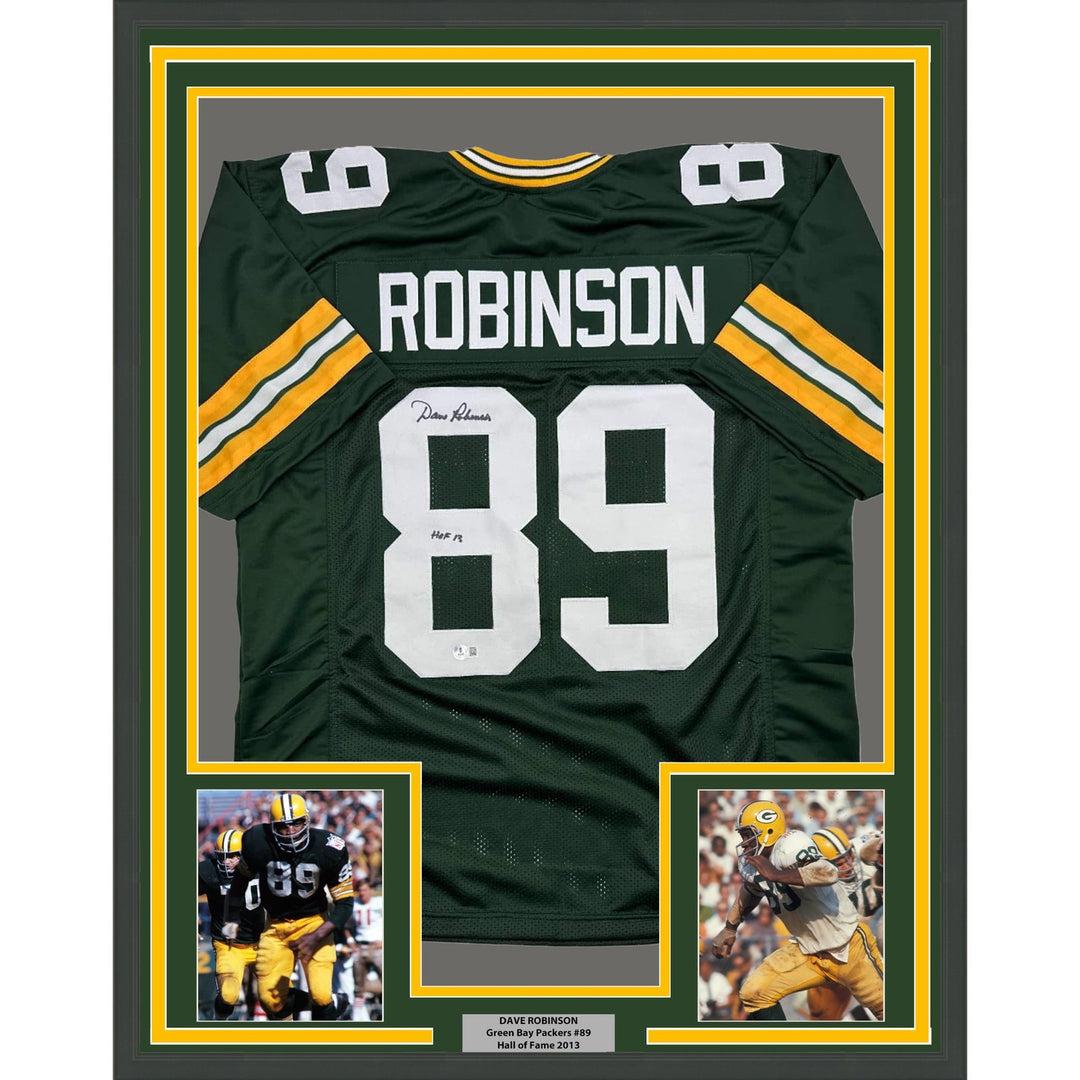 Framed Signed Dave Robinson HOF 2013 35x39 Packers Green Jersey JSA COA