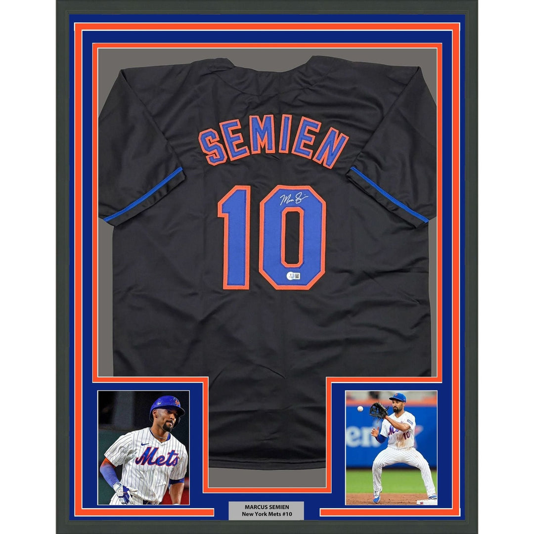 Framed Autographed/Signed Marcus Semien 35x39 New York Black Jersey BAS COA