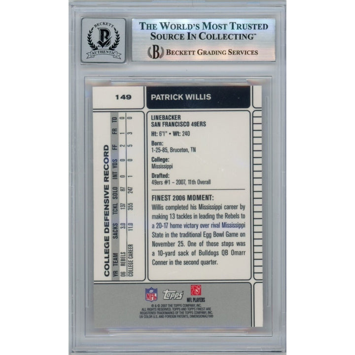 Patrick Willis Autographed 07 Topps Finest #149 Grade 10 Auto Card Beckett 43545