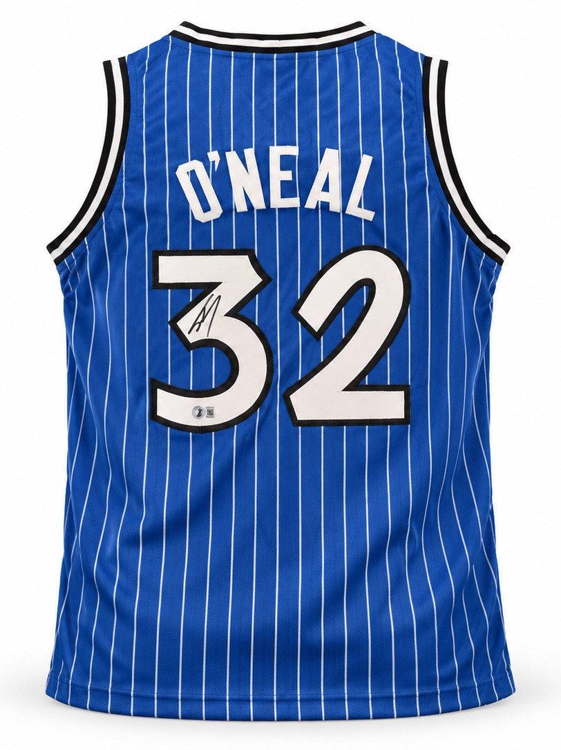Shaquille O'Neal Signed Magic Blue Pinstripe Jersey XL BAS Witness
