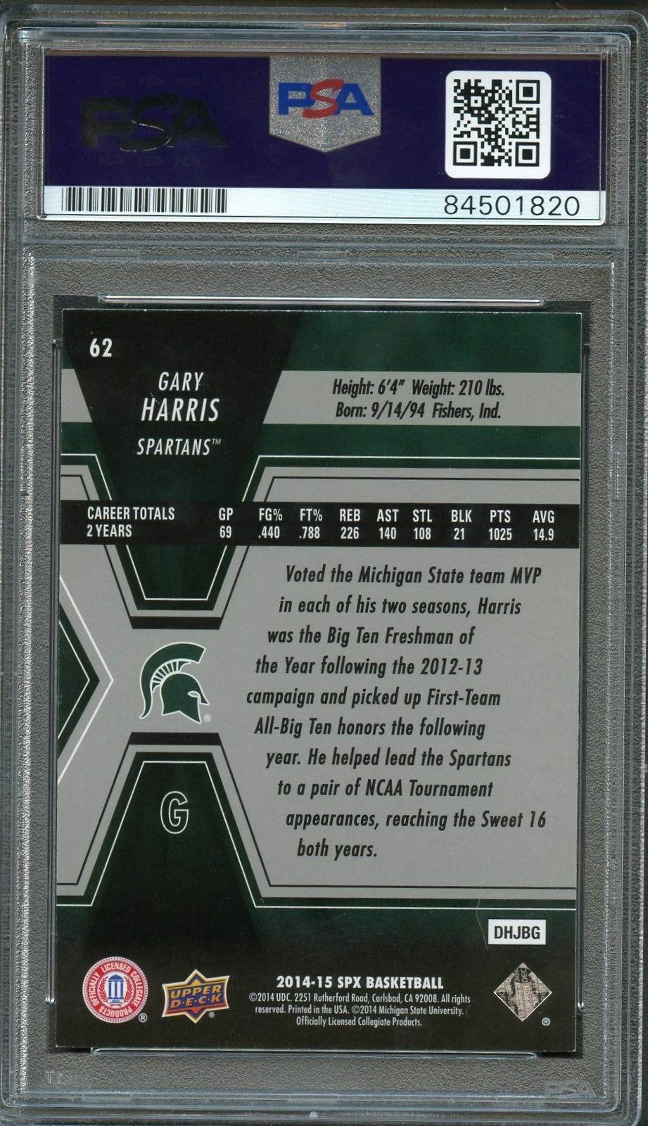 2014-15 Upper Deck SPx #62 Gary Harris Signed Card AUTO PSA Slabbed Michigan Sta
