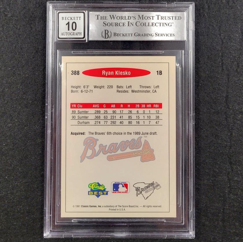 Ryan Klesko signed 1991 Classic Best #388 Pre RC card Atlanta Braves BAS 10 auto