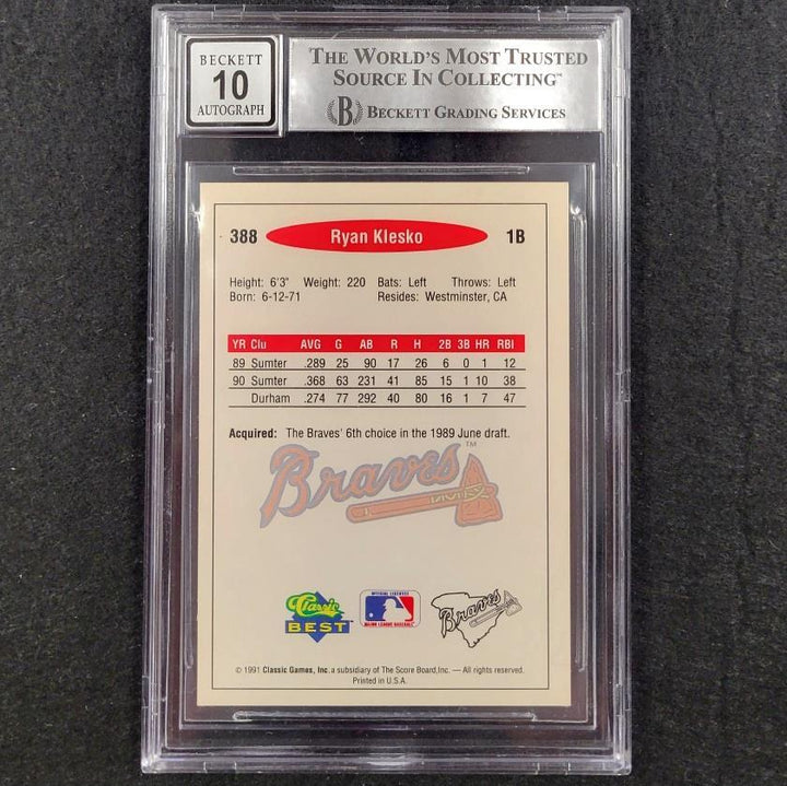 Ryan Klesko signed 1991 Classic Best #388 Pre RC card Atlanta Braves BAS 10 auto