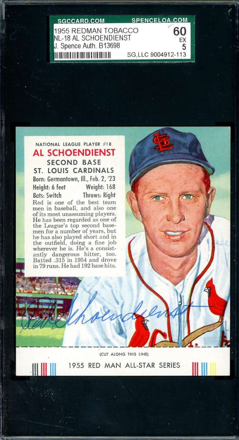 Red Schoendienst JSA SGC Coa Signed 1955 Red Man Tobacco With Tab Autograph