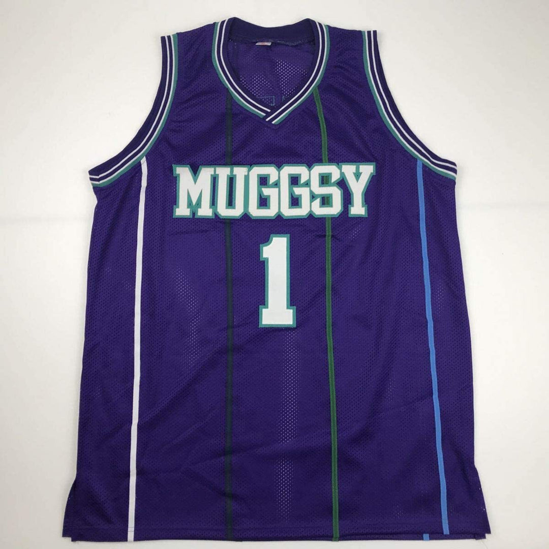 Autographed/Signed MUGGSY BOGUES Charlotte Purple Basketball Jersey PSA/DNA COA