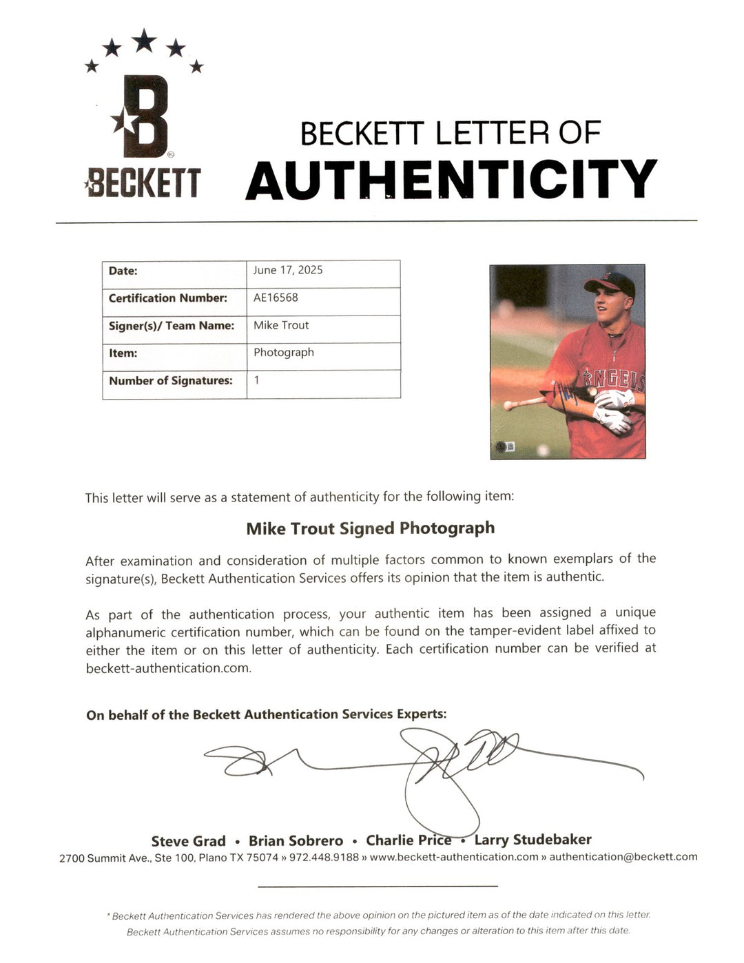 Mike Trout Signed Framed 8x10 Photo California Angels Beckett #AE16568