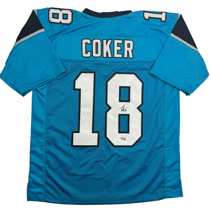 Autographed/Signed Jalen Coker Carolina Blue Football Jersey Beckett COA