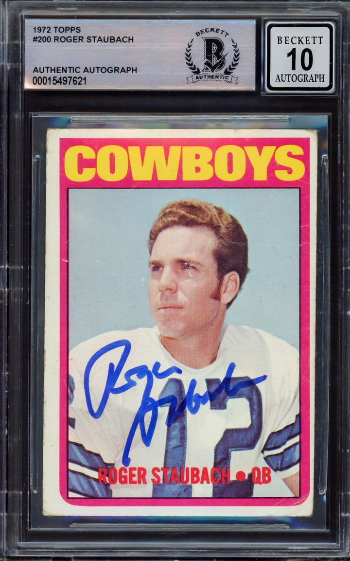 Roger Staubach Auto 1972 Topps RC 200 Cowboys Auto GM 10 (Off Condition) Beckett