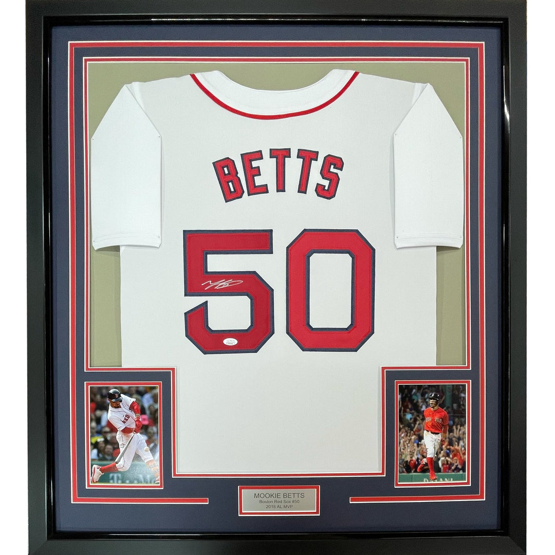 Framed Autographed/Signed Mookie Betts 35x39 Boston White Jersey JSA COA