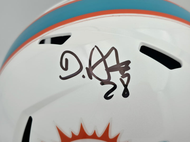 De'Von Achane Auto Dolphins White Full Size Speed Replica Helmet Beckett Witness