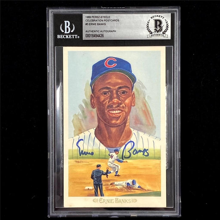 Ernie Banks signed 1989 Perez-Steele Celebration Postcard #3 auto ~ Beckett BAS