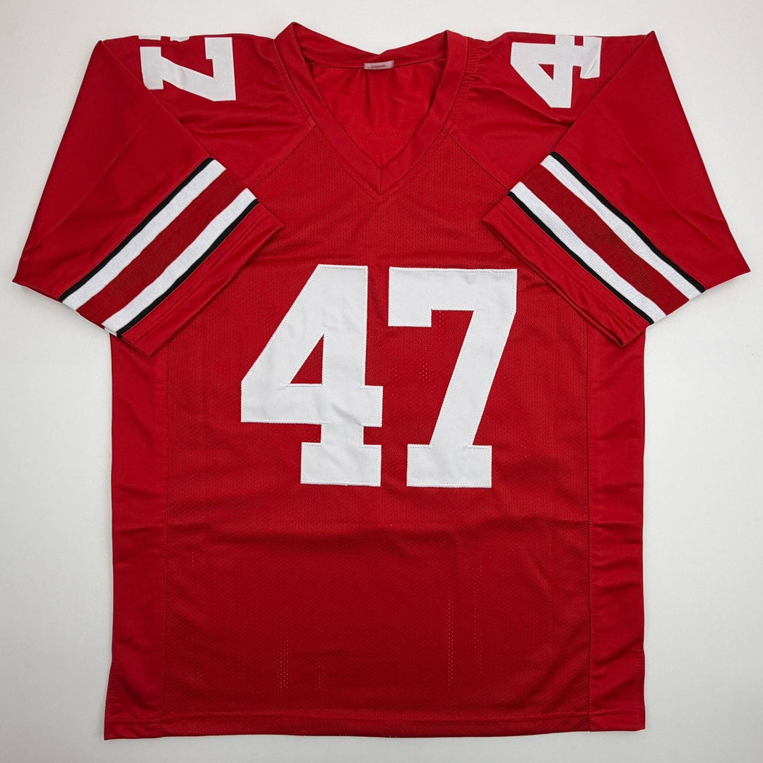 Autographed/Signed AJ Hawk Ohio State Red College Football Jersey Beckett COA