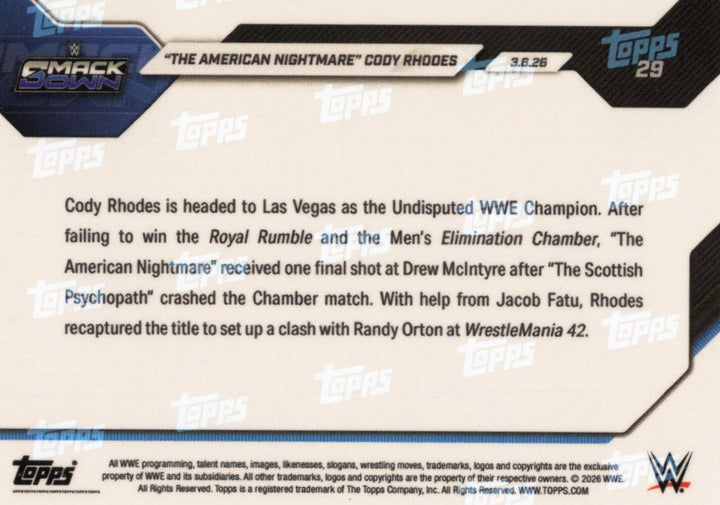 2026 Topps Now WWE Cody Rhodes #29 Orange /25 Wrestling Card