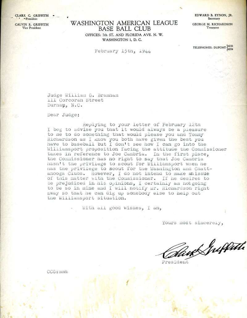 Clark Griffith JSA Coa Signed 1944 Senators Letter Autograph