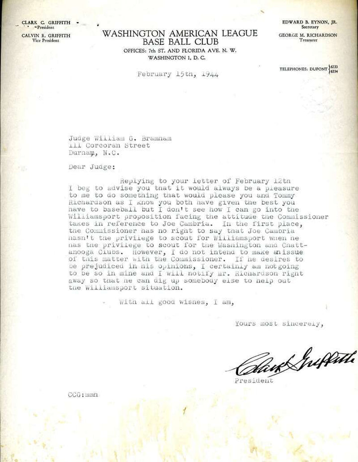 Clark Griffith JSA Coa Signed 1944 Senators Letter Autograph
