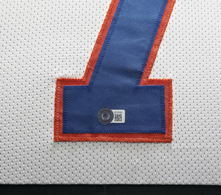 Denver Broncos John Elway Signed Framed White Jersey Beckett BAS Witness