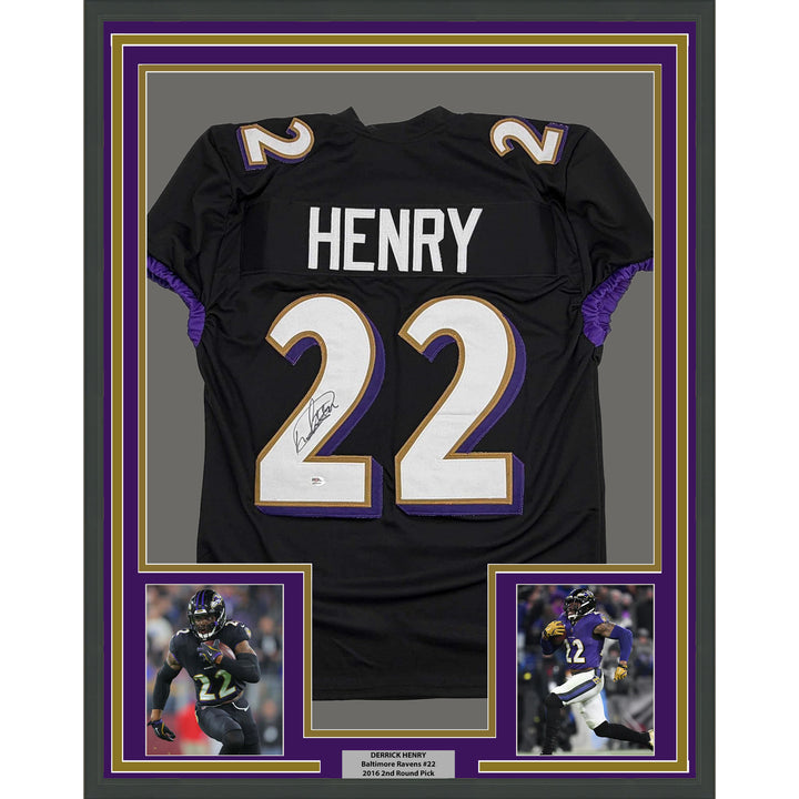 Framed Autographed/Signed Derrick Henry 35x39 Baltimore Black Jersey JSA COA
