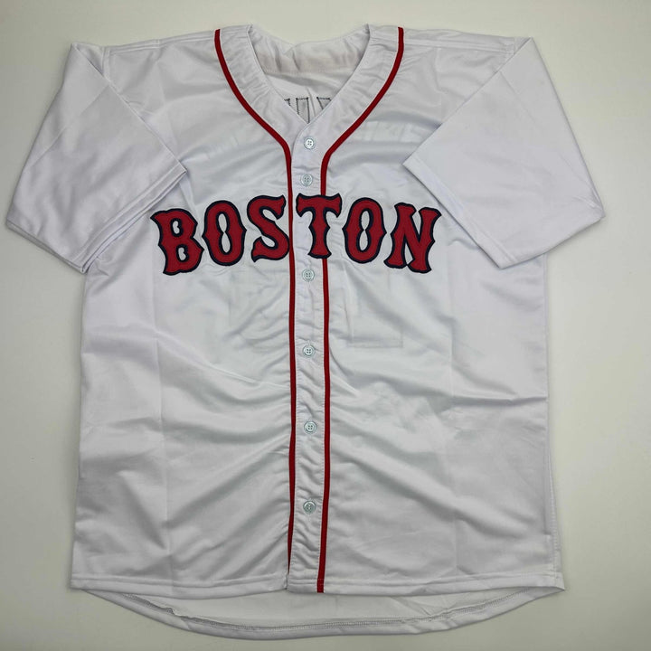 Autographed/Signed Doug Mientkiewicz Final Out! Boston White Jersey BAS COA