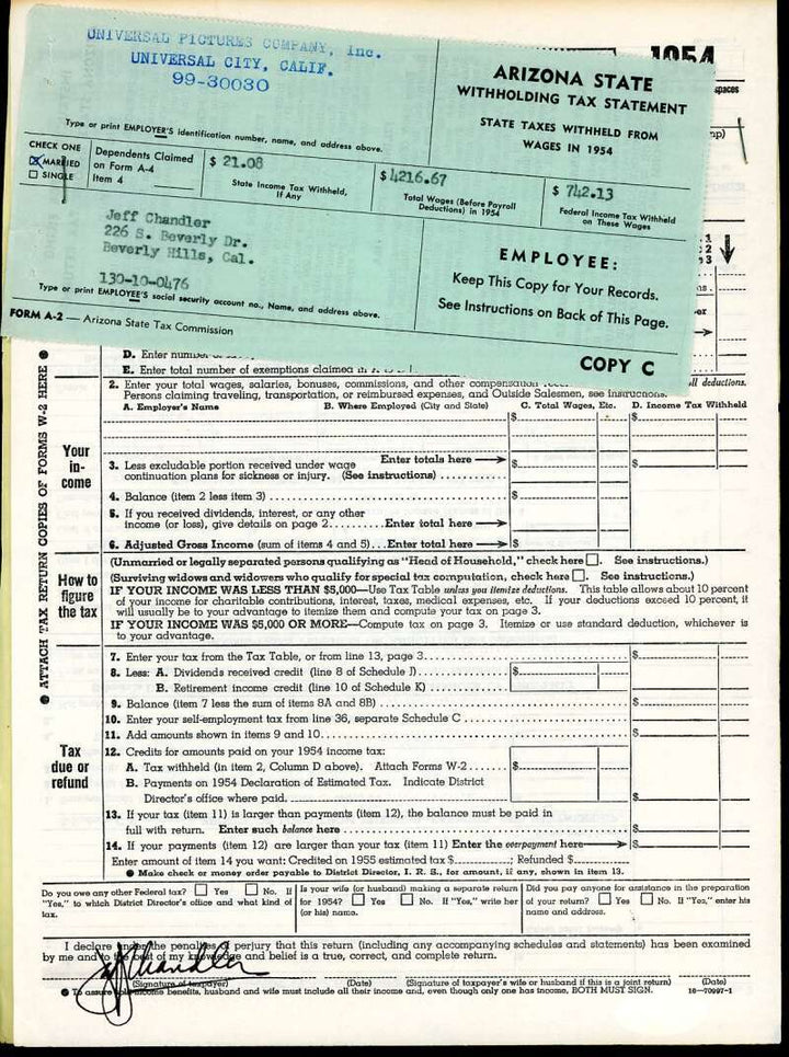 Jeff Chandler JSA Coa Signed 1954 1040 Tax Form Autograph