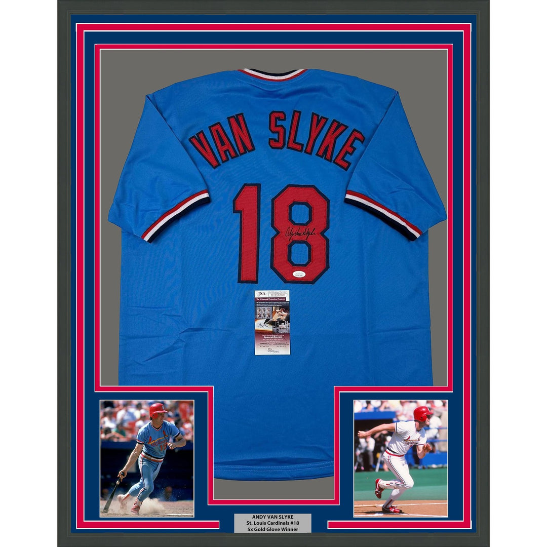 Framed Signed Andy Van Slyke 35x39 St. Louis Blue Jersey JSA COA